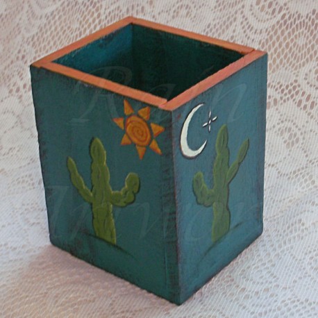 Southwest Cactus Primitive Folk Art Pencil Holder Box Original Decor