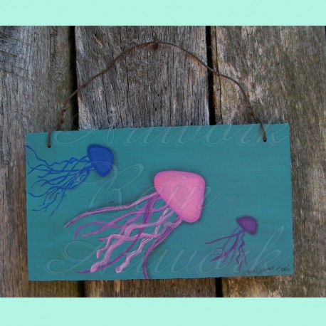 Original Primitive Folk Art Jellyfish Painting on Turquoise Nautical Decor