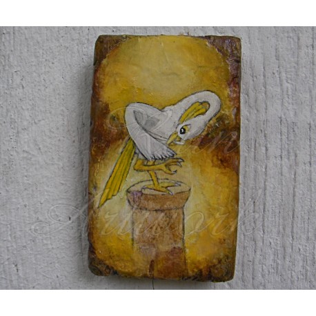 Primitive Fantasy Folk Art Gold Crested Crane Miniature Nautical Painting