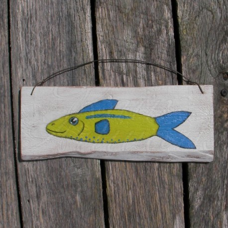 Original Funky Folk Art Lime Green and Blue Fish Nautical Painting