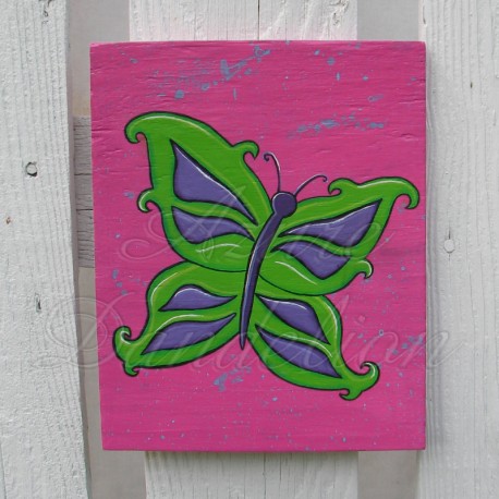 Primitive Funky Lime Green and Purple Butterfly Original Folk Art