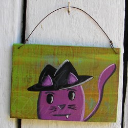 Primitive Funky Folk Art Purple Cat Wearing Hat Original Painting