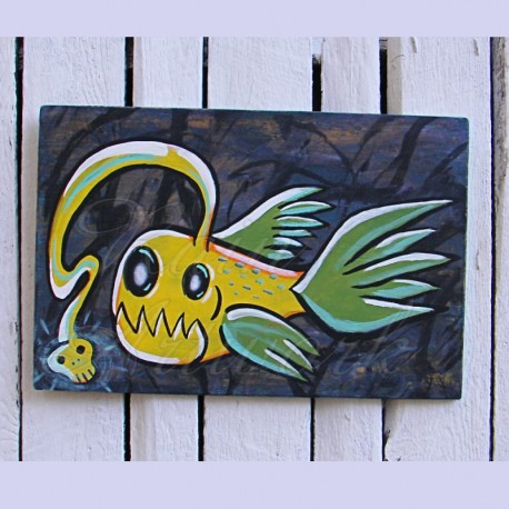 Primitive Funky Folk Art Angler Fish Painting Neon Yellow Big Painting