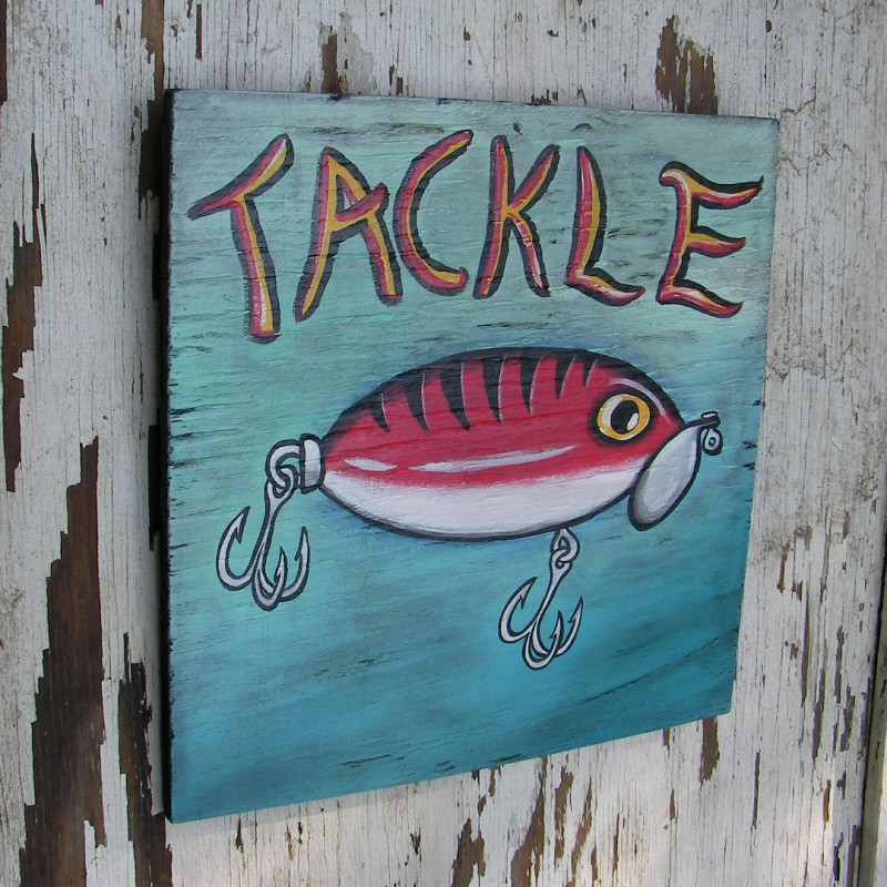 primitive tackle sign original fishing lure painting folk art decor