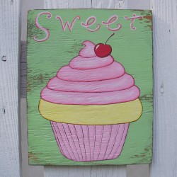Original Cupcake Painting Country Cottage Chic Lemon Frosting Cherry