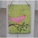 Original Country Cottage Chic Pink Bird on a Rose Branch Folk Art