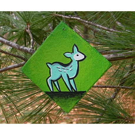 Funky Folk Art Blue Deer Christmas Tree Ornament Original Painting Woodland Animal 