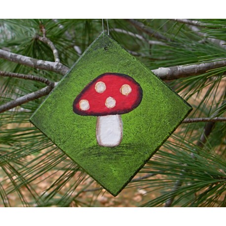 Red Mushroom Christmas Tree Ornament Funky Folk Art Original Woodland Painting