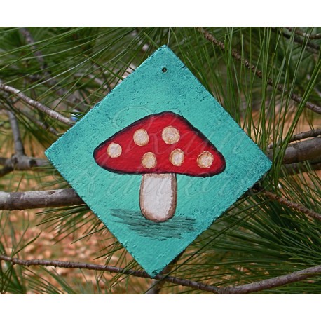 Red Mushroom Christmas Tree Ornament Funky Woodland Folk Art Original Painting