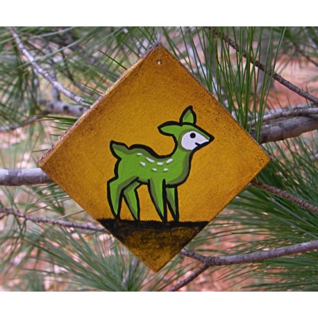 Lime Green Deer Christmas Tree Ornament Primitive Folk Art Original Painting