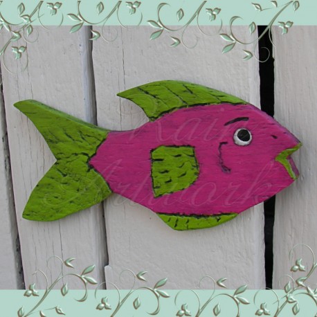 Primitive Folk Art Fish Cutout Funky Beach Cottage Pink and Lime Green
