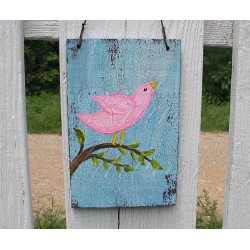 Original Primitive Folk Art Pink Bird on Branch Cottage Chic Painting