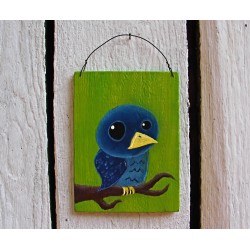 Original Primitive Funky Folk Art Blue Bird on Branch Painting