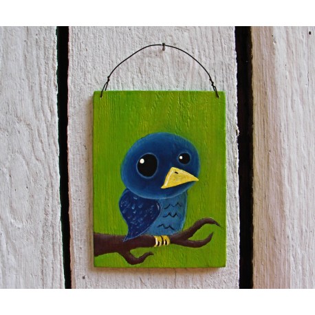Original Primitive Funky Folk Art Blue Bird on Branch Painting