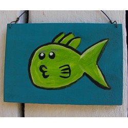 Original Funky Folk Art Lime Green Fishy Kiss Painting On Turquoise